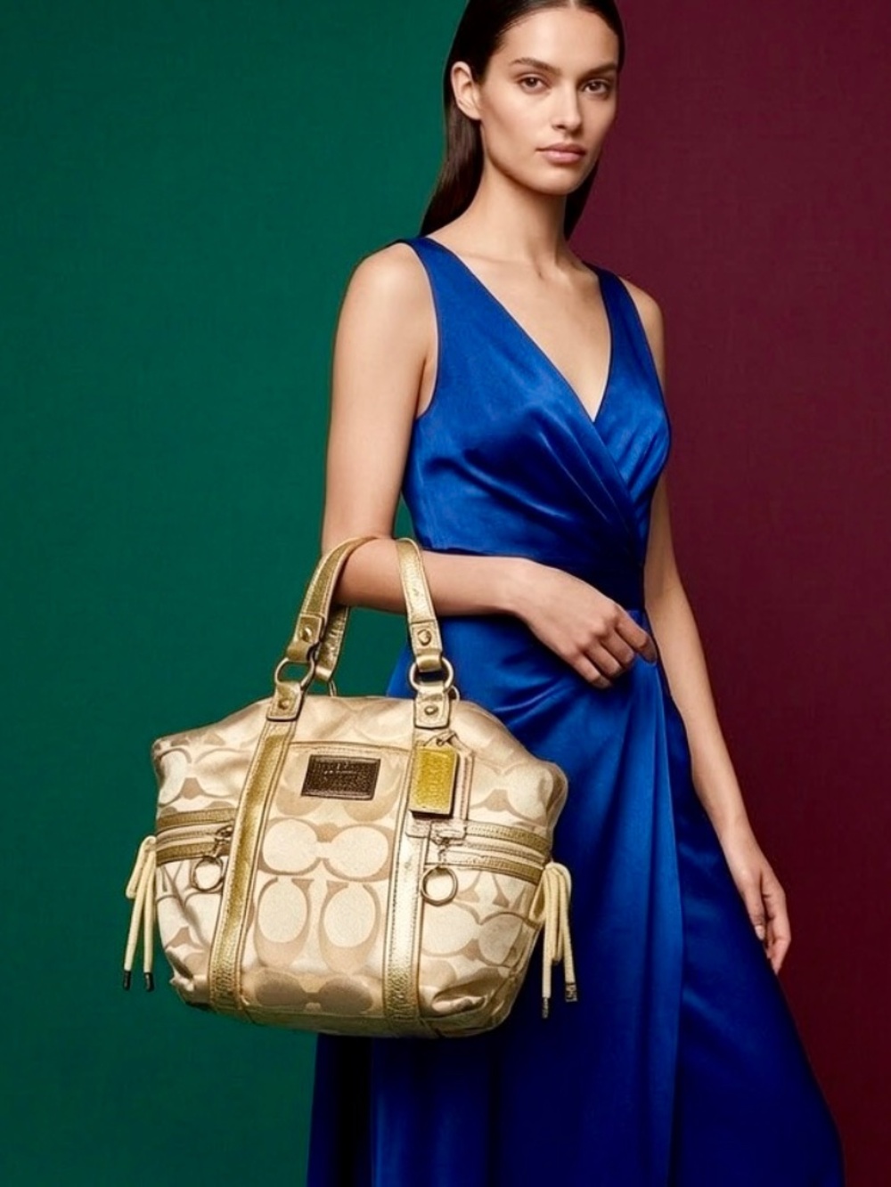 Coach Poppy Spotlight Beige Sateen & Gold Leather Shoulder Bag 13843P PILOT BAG